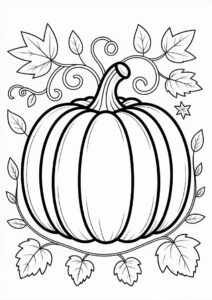 Pumpkin Coloring Page With Vines And Fall Leaves 3