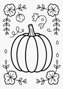 Pumpkin Coloring Page With Vines And Fall Leaves 4