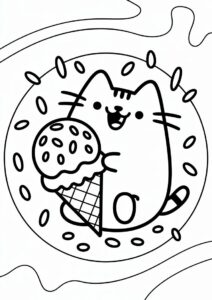 Pusheen Cat Eating Ice Cream Coloring Page 1