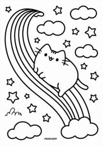 Pusheen Unicorn Cat Coloring Page On A Rainbow 3