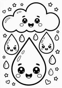 Rain Coloring Page Of Kawaii Raindrops Falling From Cloud For Preschoolers 1