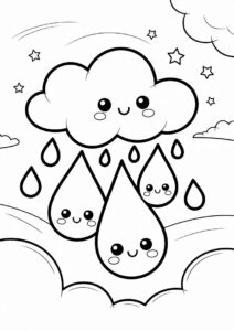 Rain Coloring Page Of Kawaii Raindrops Falling From Cloud For Preschoolers 3