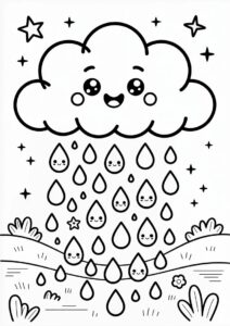 Rain Coloring Page Of Kawaii Raindrops Falling From Cloud For Preschoolers 4