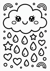 Rain Coloring Page Of Kawaii Raindrops Falling From Cloud For Preschoolers 5