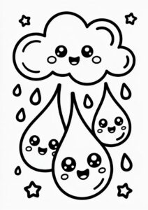Rain Coloring Page Of Kawaii Raindrops Falling From Cloud For Preschoolers 6