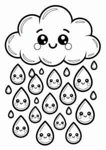 Rain Coloring Page Of Kawaii Raindrops Falling From Cloud For Preschoolers 7