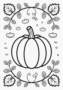 Round Pumpkin Coloring Page Surrounded By Leaves And Vines 1
