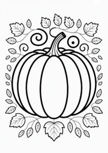 Round Pumpkin Coloring Page Surrounded By Leaves And Vines 2