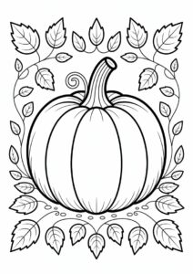 Round Pumpkin Coloring Page Surrounded By Leaves And Vines 3