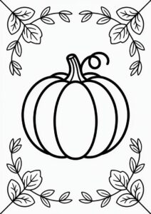 Round Pumpkin Coloring Page Surrounded By Leaves And Vines 4