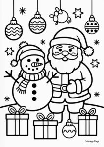 Santa And Snowman To Color With Ornaments And Presents 1