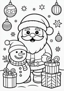 Santa And Snowman To Color With Ornaments And Presents 4