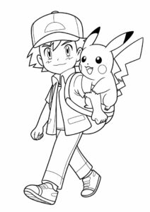 Simple Outline Of Ash Carrying Pikachu Coloring Page 1