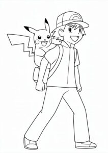 Simple Outline Of Ash Carrying Pikachu Coloring Page 2