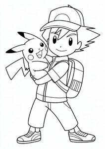 Simple Outline Of Ash Carrying Pikachu Coloring Page 3
