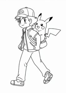 Simple Outline Of Ash Carrying Pikachu Coloring Page 4