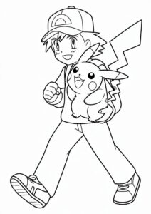 Simple Outline Of Ash Carrying Pikachu Coloring Page 5