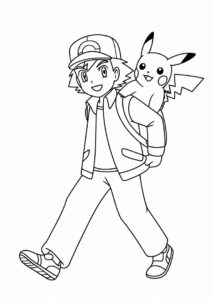 Simple Outline Of Ash Carrying Pikachu Coloring Page 6