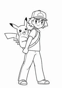 Simple Outline Of Ash Carrying Pikachu Coloring Page 7