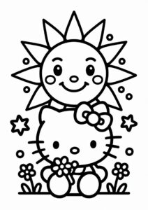 Simple Sun Shining Down On Hello Kitty Coloring Page For Kids 1