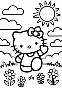 Simple Sun Shining Down On Hello Kitty Coloring Page For Kids 2