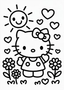 Simple Sun Shining Down On Hello Kitty Coloring Page For Kids 3