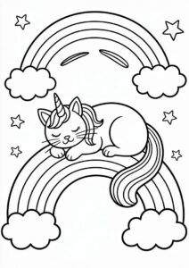 Sleeping Unicorn Cat Coloring Page On A Rainbow 1