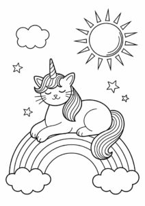 Sleeping Unicorn Cat Coloring Page On A Rainbow 2