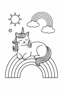 Sleeping Unicorn Cat Coloring Page On A Rainbow 3