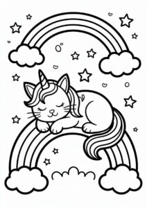 Sleeping Unicorn Cat Coloring Page On A Rainbow 4