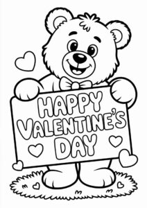Smiling Bear Holding Happy Valentines Day Coloring Page Sign For Kids 1