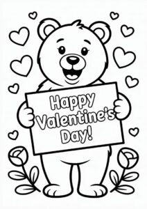 Smiling Bear Holding Happy Valentines Day Coloring Page Sign For Kids 3