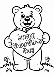 Smiling Bear Holding Happy Valentines Day Coloring Page Sign For Kids 4