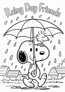 Snoopy And Woodstock Walking Under The Rain Coloring Page 1