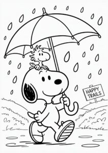 Snoopy And Woodstock Walking Under The Rain Coloring Page 2