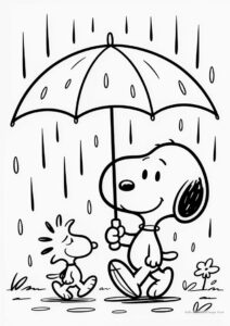 Snoopy And Woodstock Walking Under The Rain Coloring Page 3