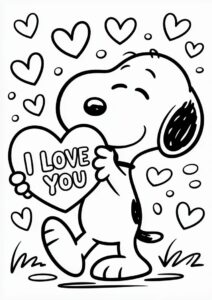 Snoopy Holding I Love You Sign Valentines Day Coloring Page 3