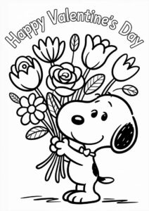 Snoopy With Flower Bouquet Happy Valentines Day Coloring Page 1