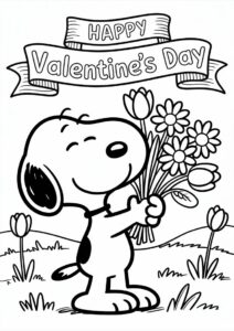 Snoopy With Flower Bouquet Happy Valentines Day Coloring Page 2