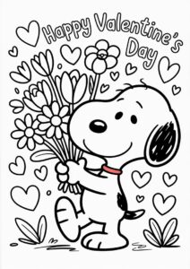 Snoopy With Flower Bouquet Happy Valentines Day Coloring Page 3