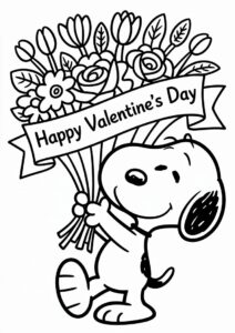 Snoopy With Flower Bouquet Happy Valentines Day Coloring Page 4
