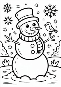 Snowman With Dig And Bird To Color 1