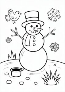Snowman With Dig And Bird To Color 2