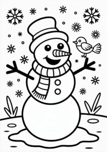 Snowman With Dig And Bird To Color 4