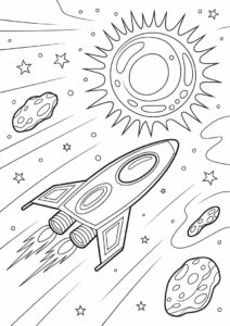 Spaceship Cruising Past The Sun Coloring Pages In Outer Space 3