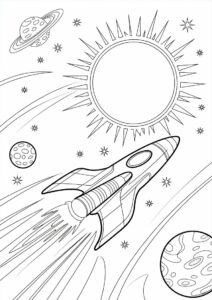 Spaceship Cruising Past The Sun Coloring Pages In Outer Space 7