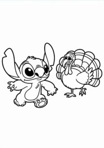 Stitch Chasing A Turkey Coloring Sheet For Kids 1