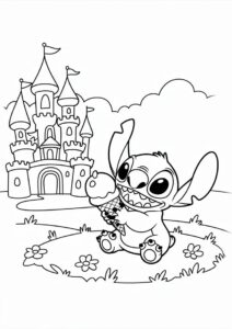 Stitch Eating Ice Cream Coloring Page Outside Of A Castle For Kids 1