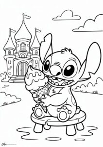 Stitch Eating Ice Cream Coloring Page Outside Of A Castle For Kids 2