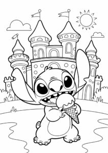 Stitch Eating Ice Cream Coloring Page Outside Of A Castle For Kids 4